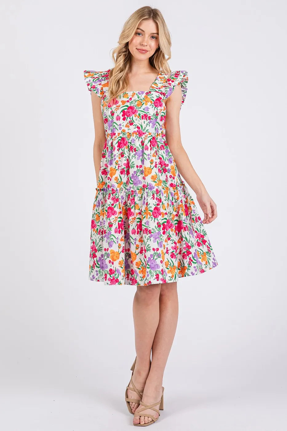 Mittoshop Flower Print Ruffle Shoulder A-line Mini Dress - Velora Luxury Fashion