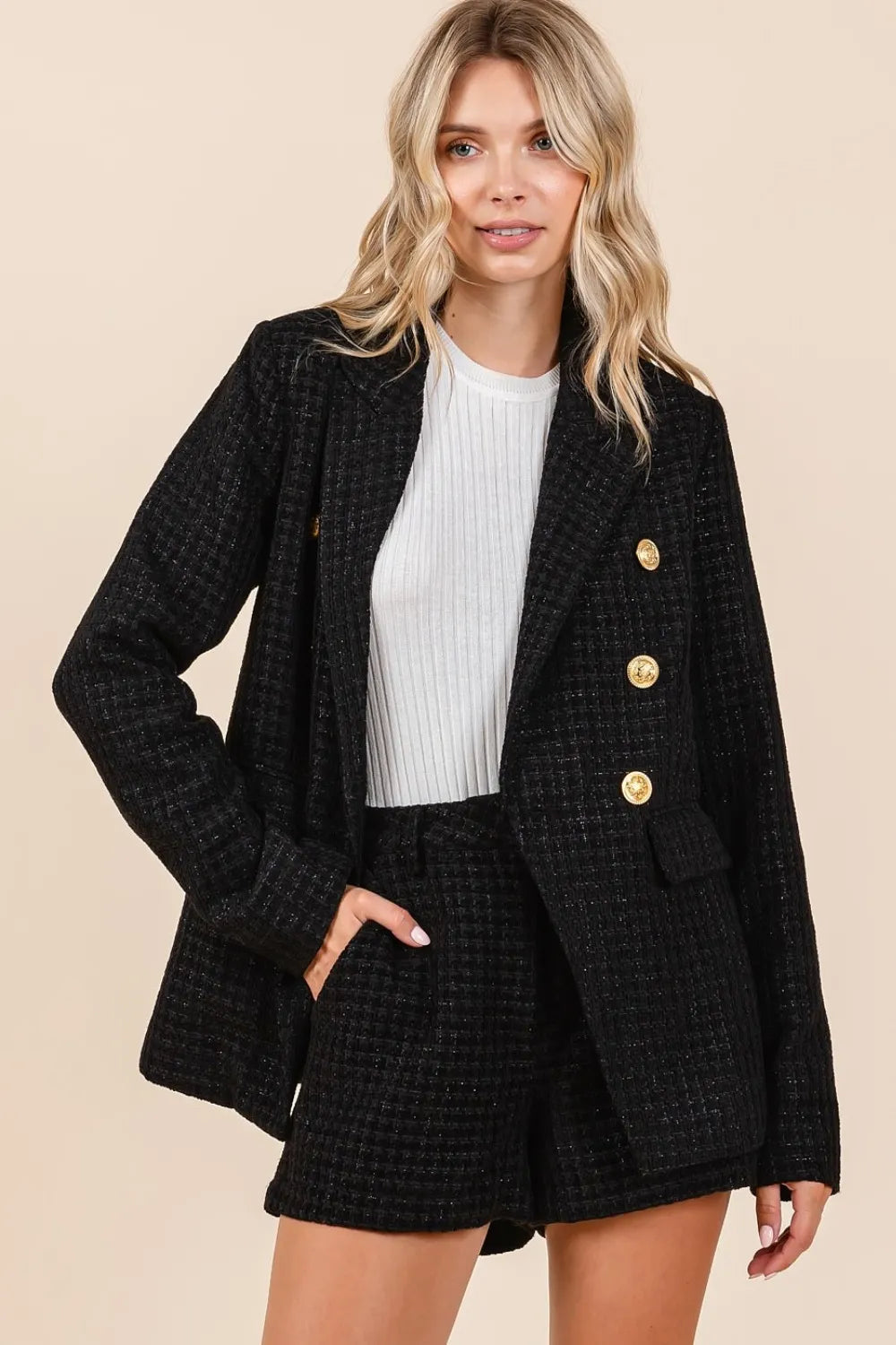 Mittoshop Plaid Texture Double-Breasted Long Sleeve Blazer - Velora Luxury Fashion