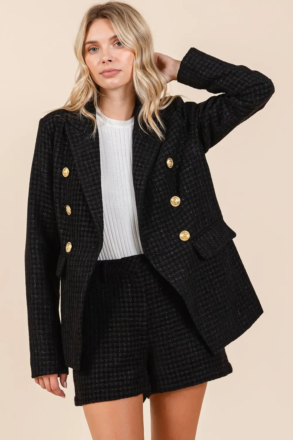 Mittoshop Plaid Texture Double-Breasted Long Sleeve Blazer - Velora Luxury Fashion