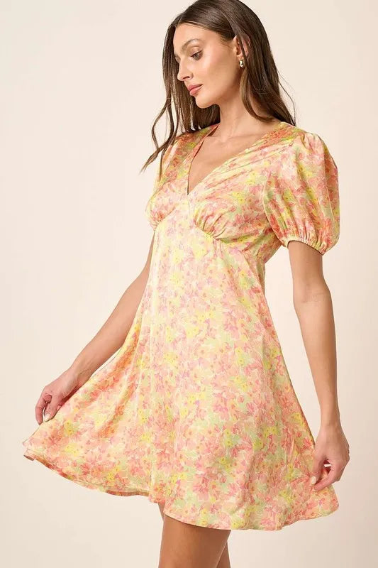 Mittoshop Printed V-Neck Puff Sleeve Mini Dress - Velora Luxury Fashion