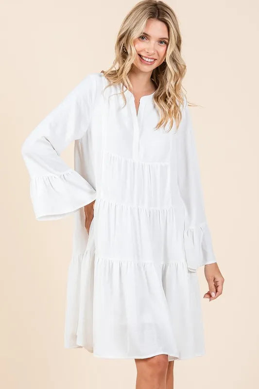 Mittoshop Tiered Notched Flare Sleeve Dress - Velora Luxury Fashion