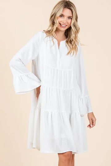Mittoshop Tiered Notched Flare Sleeve Dress - Velora Luxury Fashion