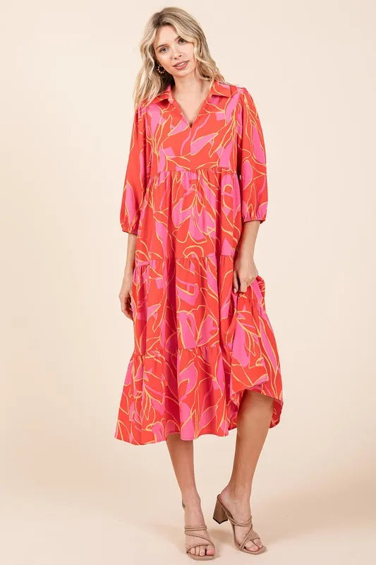 Mittoshop Tiered Printed Collared Neck Midi Dress - Velora Luxury Fashion