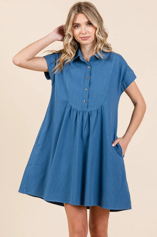 Mittoshop Twill Short Sleeve Collared Mini Dress - Velora Luxury Fashion