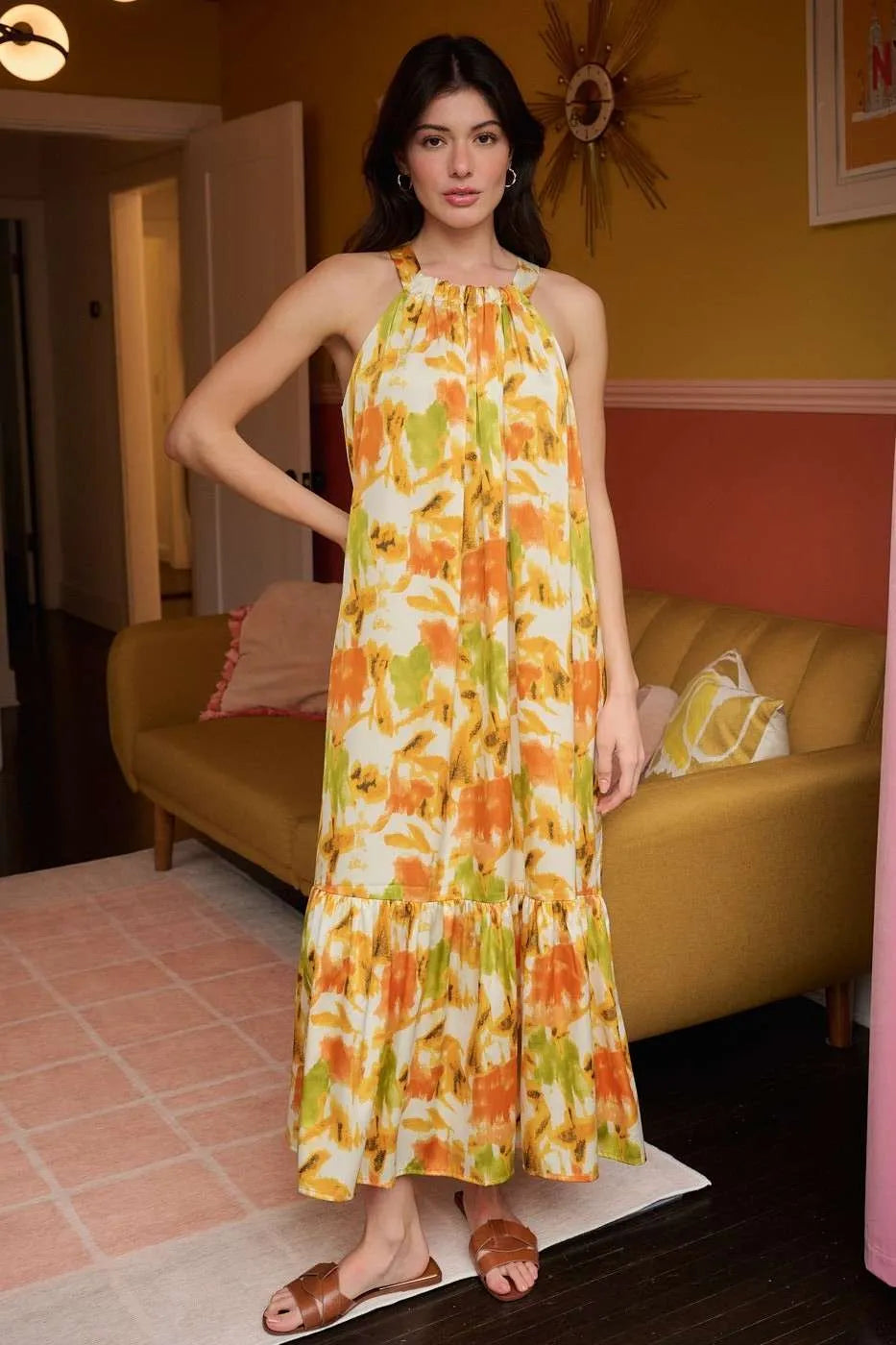 Mittoshop Watercolor Print Halter Neck Satin Maxi Dress - Velora Luxury Fashion