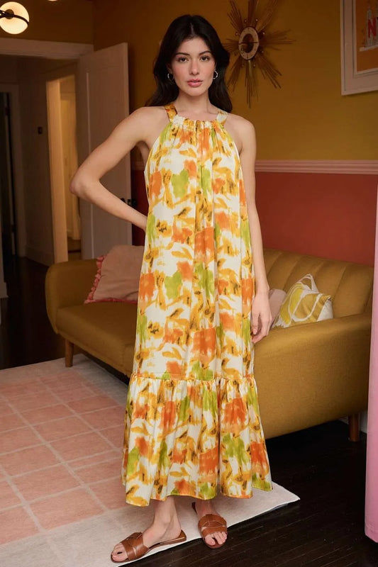 Mittoshop Watercolor Print Halter Neck Satin Maxi Dress - Velora Luxury Fashion