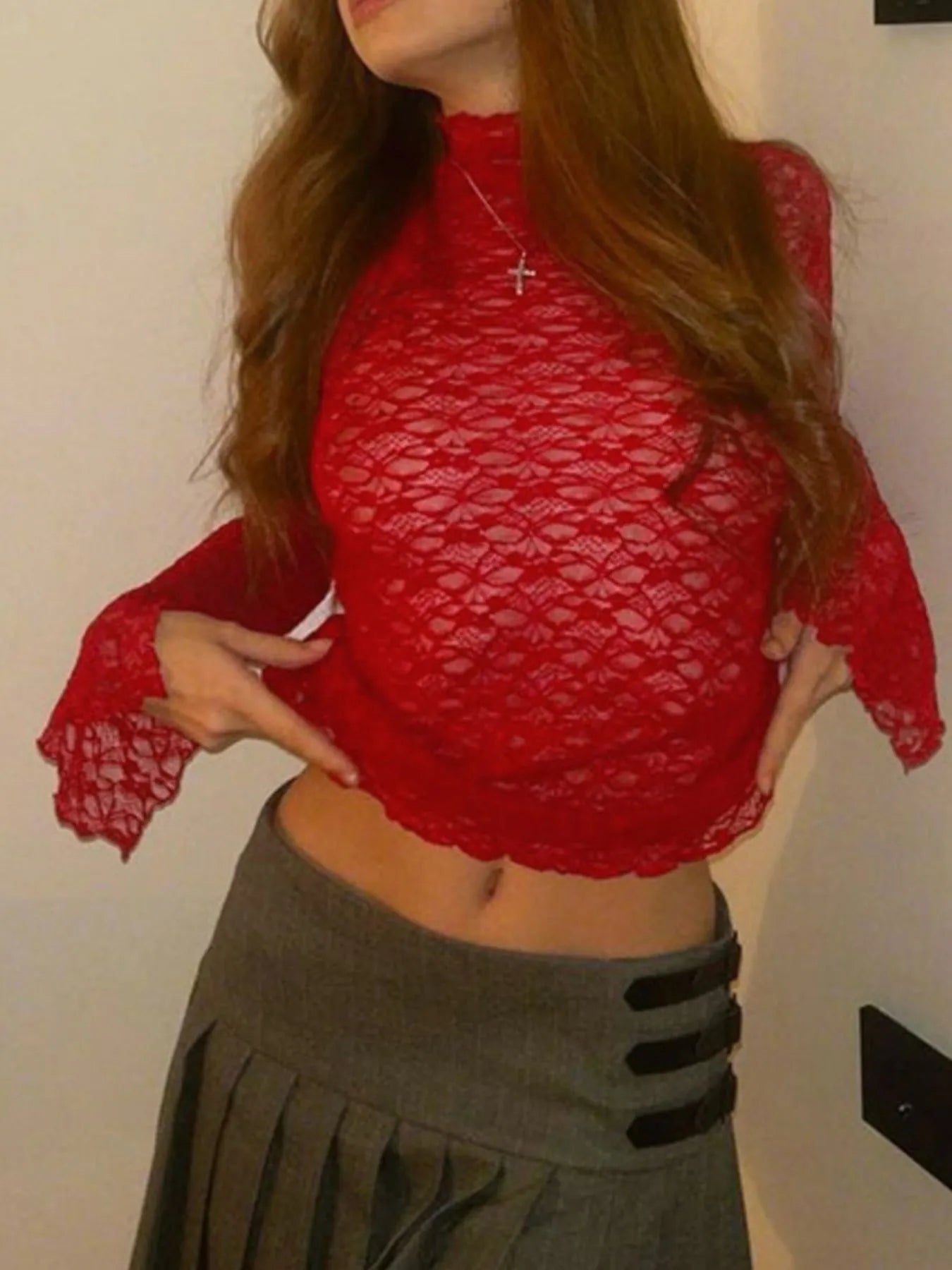 Mock Neck Lace Long Sleeve Mesh T-Shirt - Velora Luxury Fashion