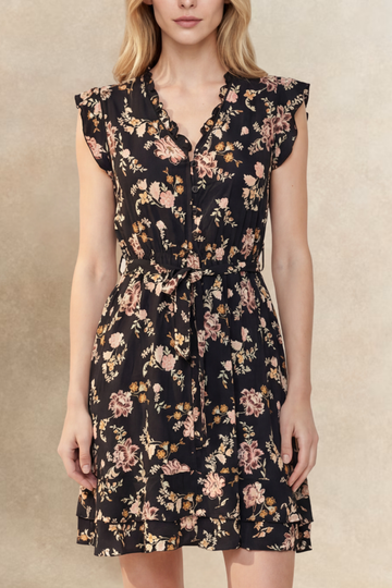 Natasha Short Floral Dress Pockets Belted Ruffle Trim