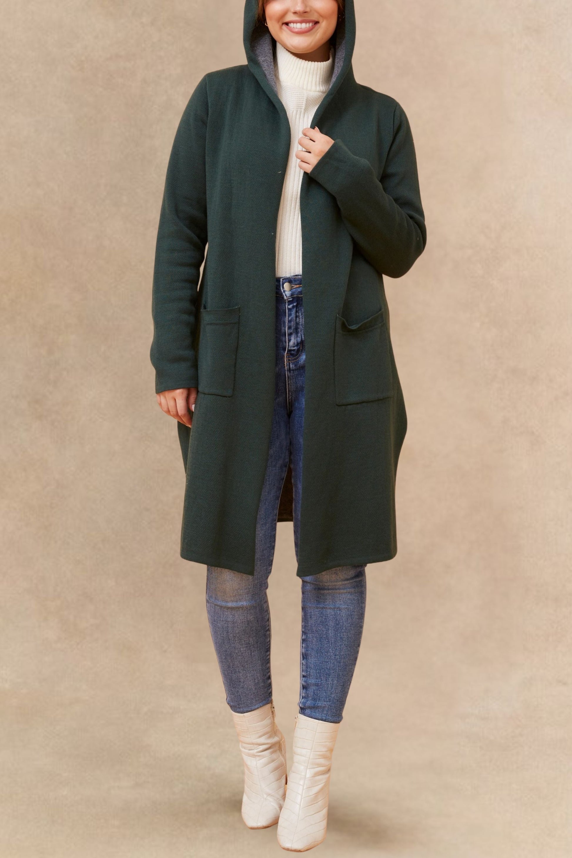 Nora Hooded Open Front Long Cardigan Lightweight Two Tone Casual Trendy - Velora Luxury Fashion