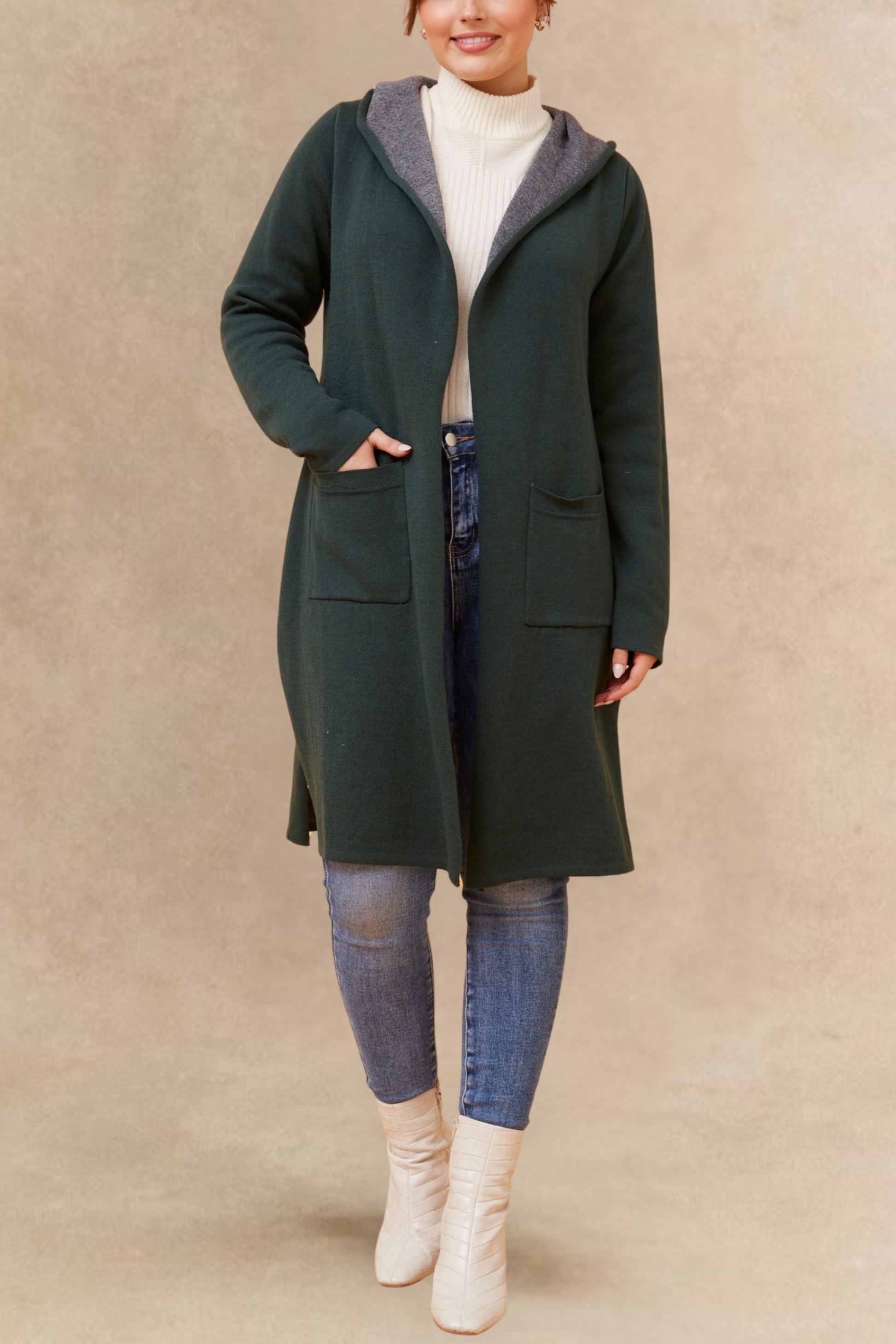 Nora Hooded Open Front Long Cardigan Lightweight Two Tone Casual Trendy - Velora Luxury Fashion