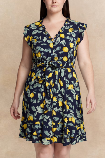 Natasha Lemon Print Short Dress Pockets