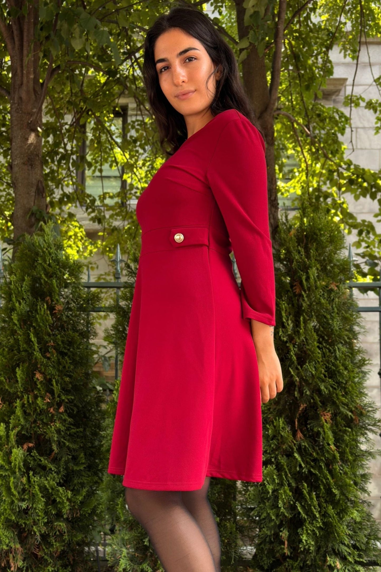 Nathalie A-Line Dress with Gold Button Detail - Velora Luxury Fashion