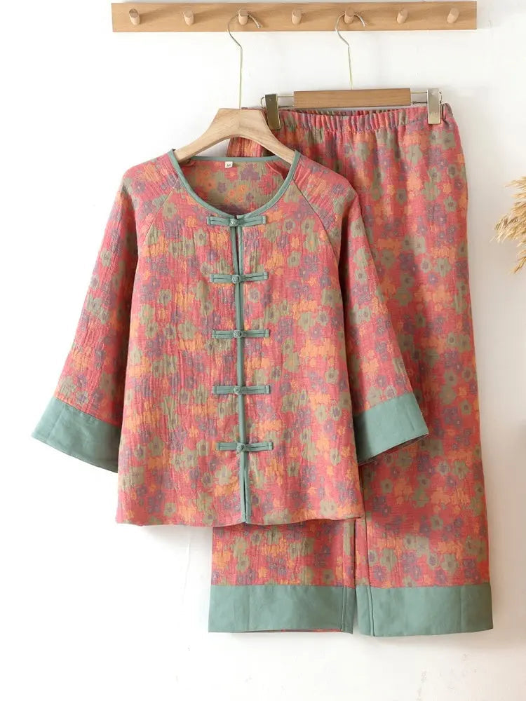 New Chinese Style Double Pure Cotton Gauze Pajamas For Women Spring Autumn Set EX-STOCK Canada