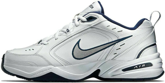 Nike Mens Air Monarch IV Walking Shoes White/Metallic Silver/Midnight Navy Size 11.5 - Velora Luxury Fashion