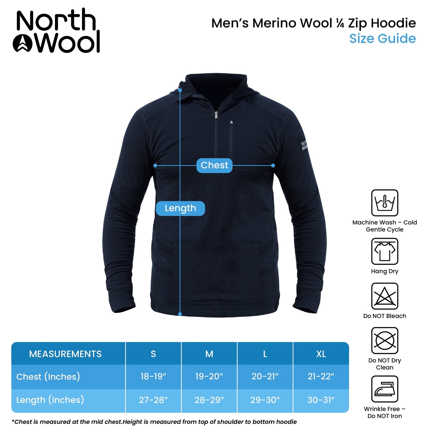 NorthWool Men's Merino Wool 1/4 Zip Midlayer Hoodie with Pouch and Pocket 260 GSM - Velora