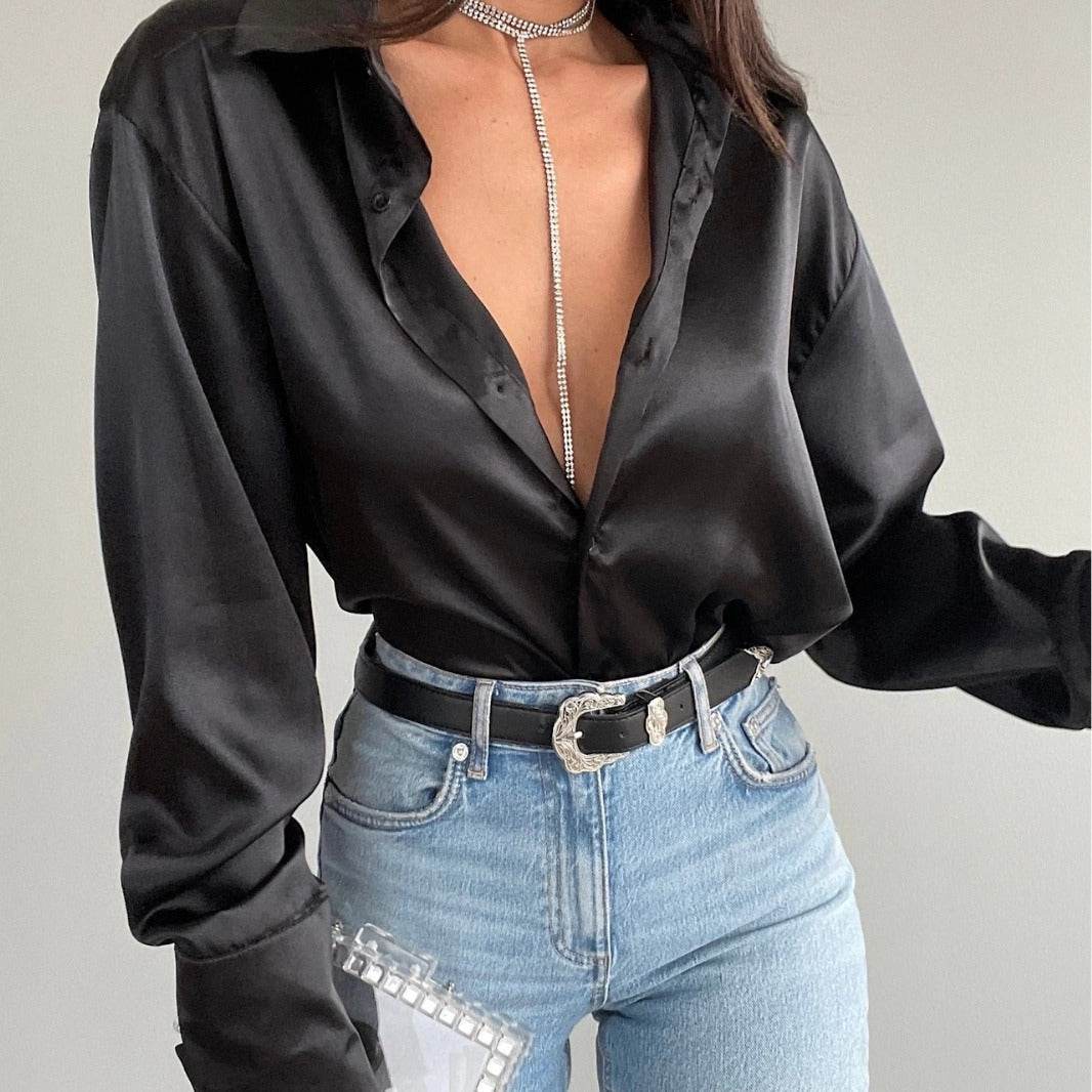 Single-breasted Long Sleeve Lapel Satin Blouse Shirt for work business office - Velora
