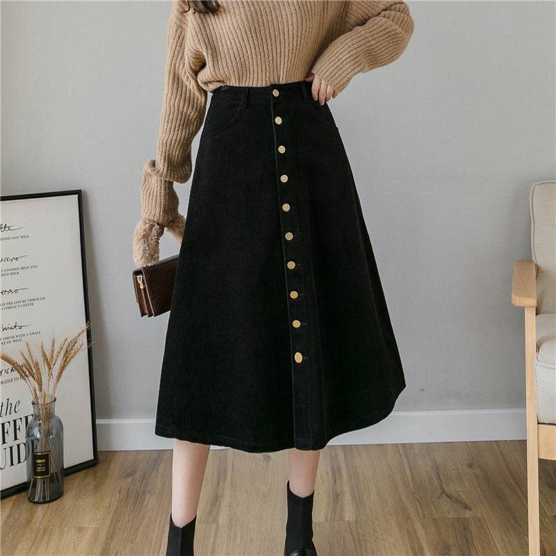 Retro Button A-line Fashion flared Corduroy Midi Skirt - Velora