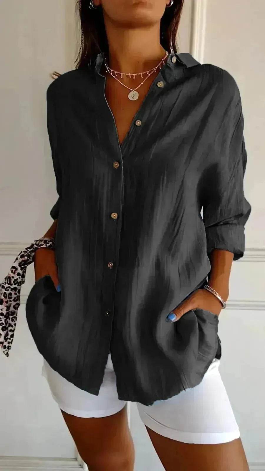 Fashionable Lapel Long Sleeve Shirt Top Women's Single-breasted Pleated Shirt Women Tops - Velora