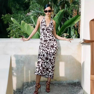 French Vest Printed Midi Floral Summer New Elegant Backless V-neck Halter Dress