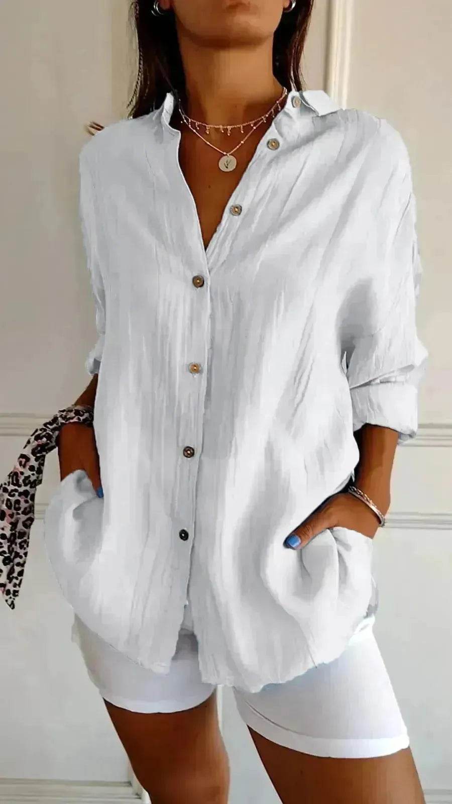 Fashionable Lapel Long Sleeve Shirt Top Women's Single-breasted Pleated Shirt Women Tops - Velora