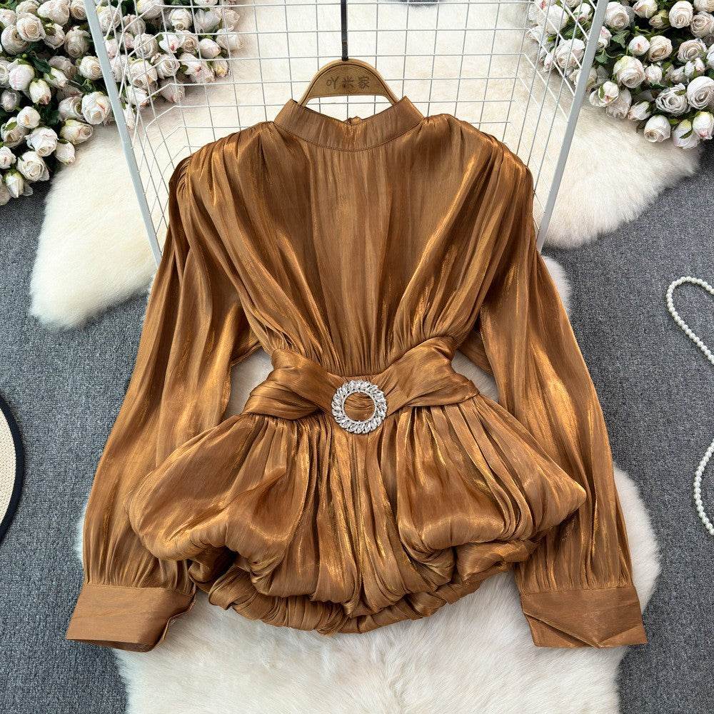 Elegant Luxury French Style High-grade waist belt lantern sleeve Niche Blouse top for Women - Velora