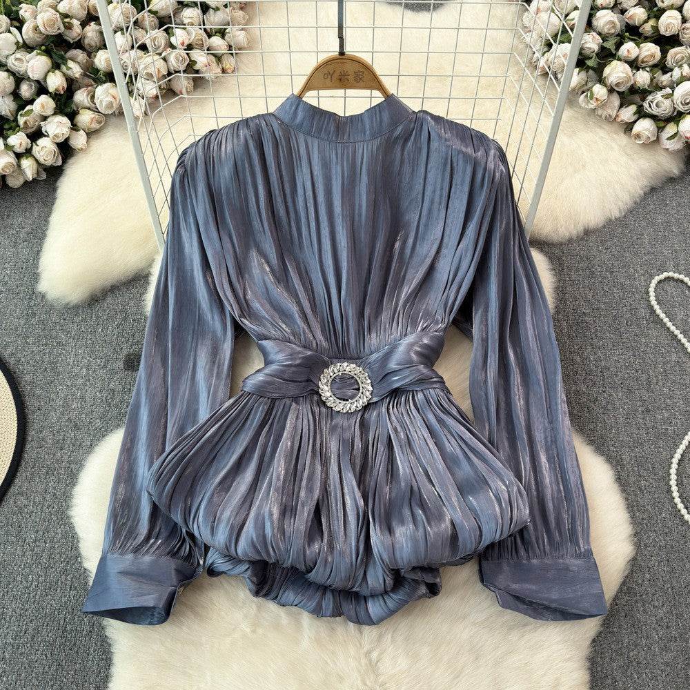 Elegant Luxury French Style High-grade waist belt lantern sleeve Niche Blouse top for Women - Velora