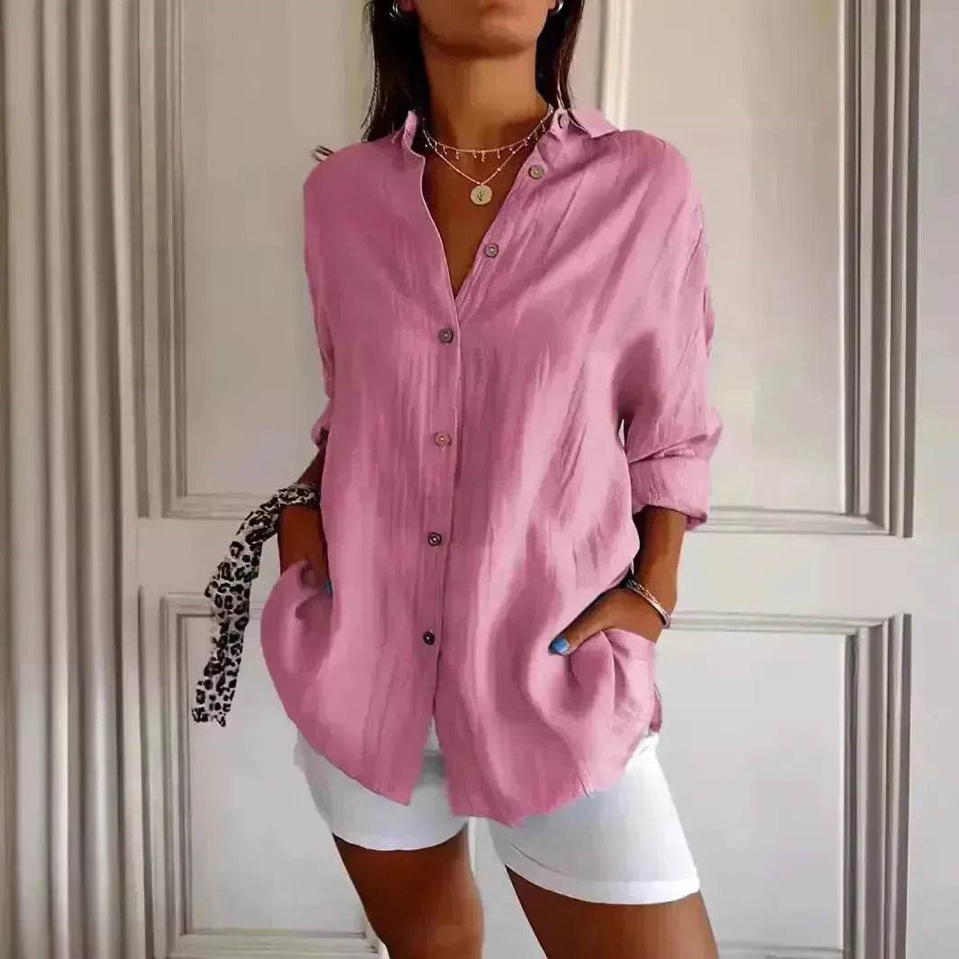Fashionable Lapel Long Sleeve Shirt Top Women's Single-breasted Pleated Shirt Women Tops - Velora