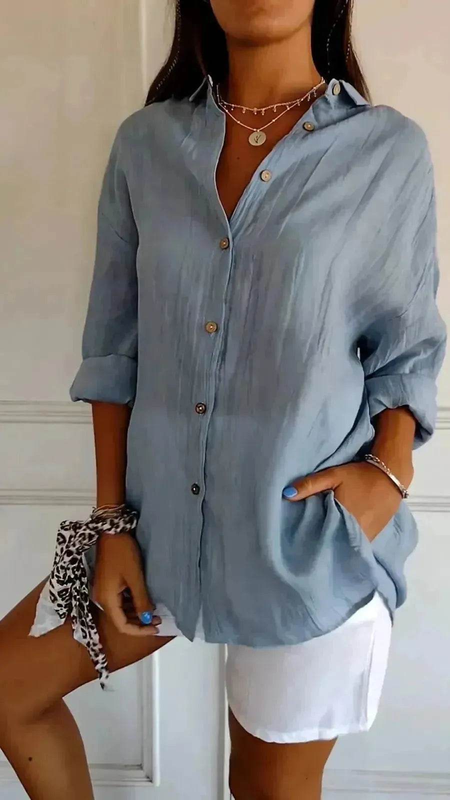 Fashionable Lapel Long Sleeve Shirt Top Women's Single-breasted Pleated Shirt Women Tops - Velora