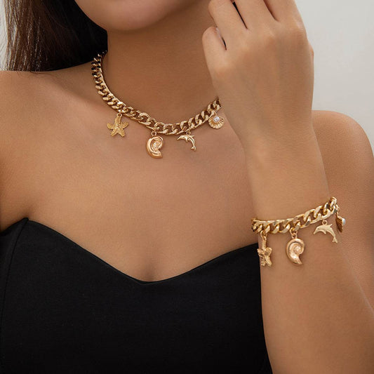 Boho Dolphin Starfish Conch Pendant Jewelry Set – Choker Necklace & Bracelets for Women - Velora