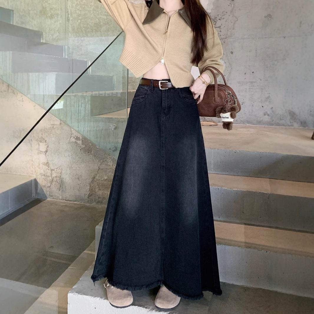 Long Denim Skirt Solid Cotton A Line Style - Velora