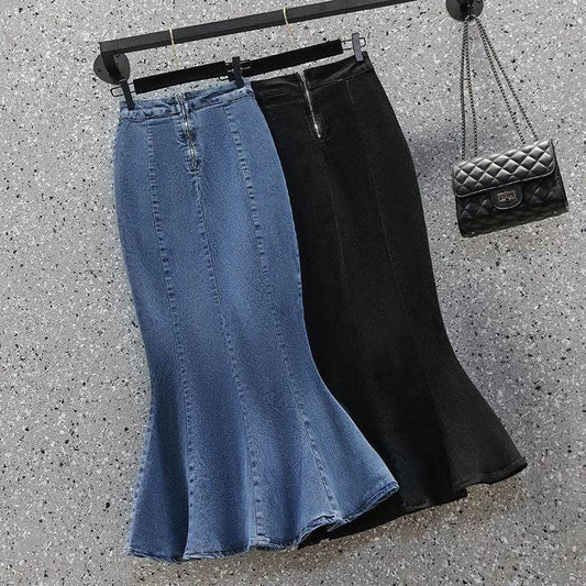 Mermaid Denim Skirt Cotton Mid Length Fishtail Style - Velora