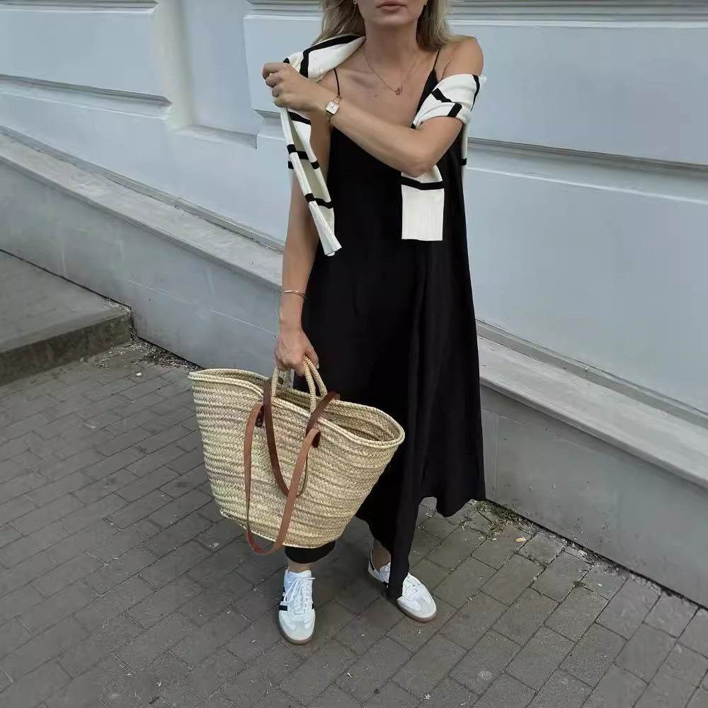 Elegant Women’s Summer Maxi Dress Casual Spaghetti Straps Solid V-Neck Cami Backless Dresses - Velora