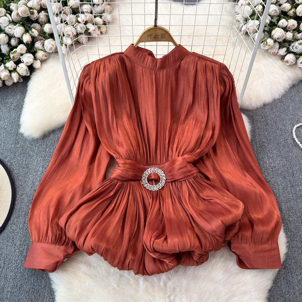 Elegant Luxury French Style High-grade waist belt lantern sleeve Niche Blouse top for Women - Velora