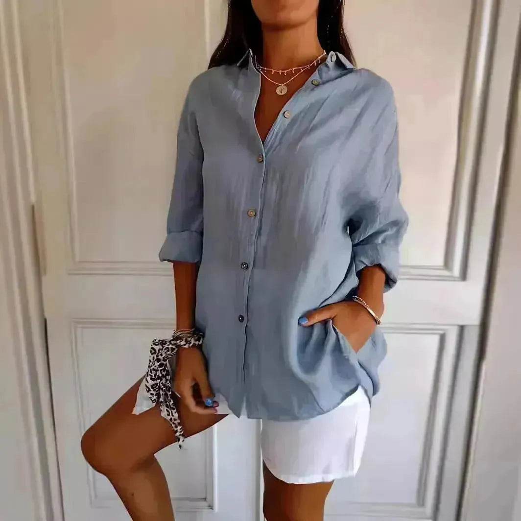 Fashionable Lapel Long Sleeve Shirt Top Women's Single-breasted Pleated Shirt Women Tops - Velora