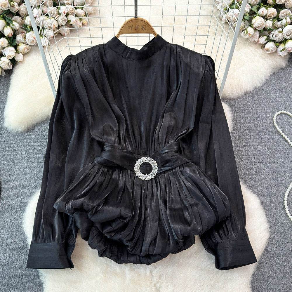 Elegant Luxury French Style High-grade waist belt lantern sleeve Niche Blouse top for Women - Velora