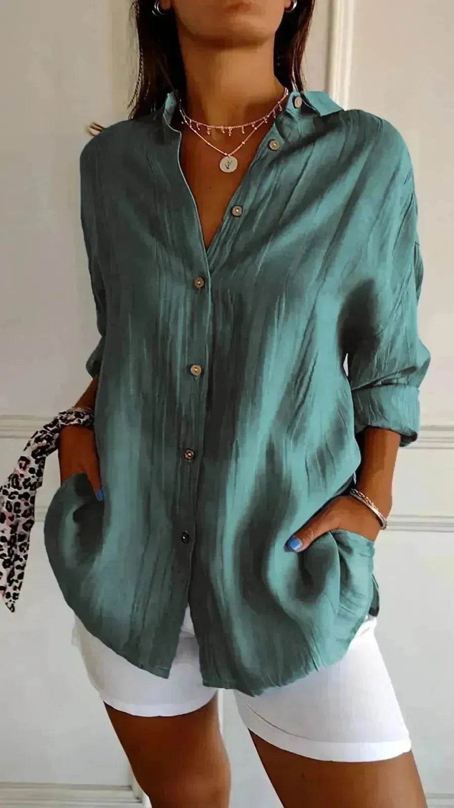 Fashionable Lapel Long Sleeve Shirt Top Women's Single-breasted Pleated Shirt Women Tops - Velora