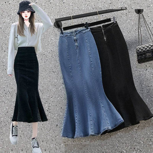 Mermaid Denim Skirt Cotton Mid Length Fishtail Style - Velora