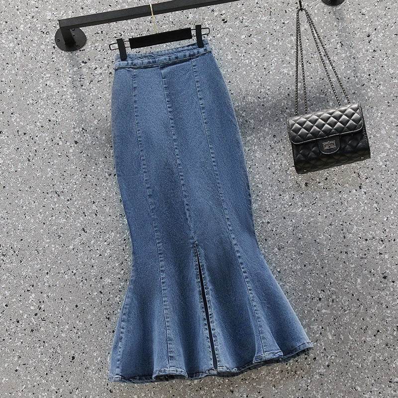 Mermaid Denim Skirt Cotton Mid Length Fishtail Style - Velora