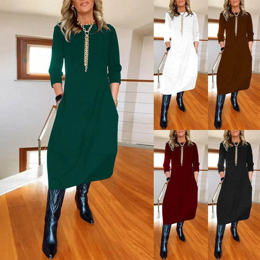 Autumn And Winter New All-matching Solid Color Loose Round-neck Long-sleeved Dress Women - Velora