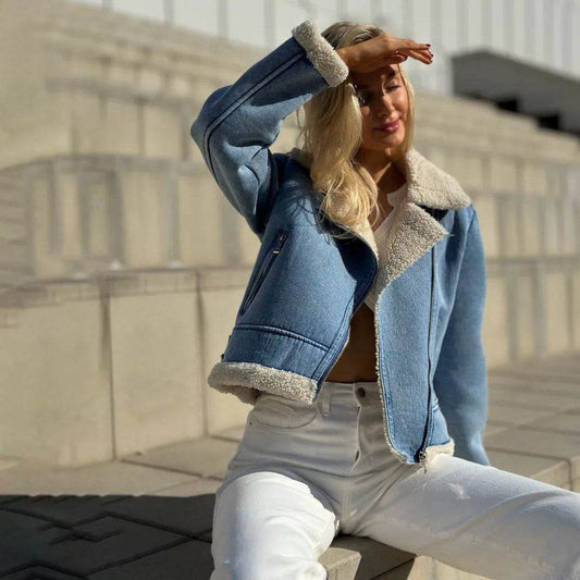Fleece-lined Denim Coat Short Jacket Design Fashion Women - Velora