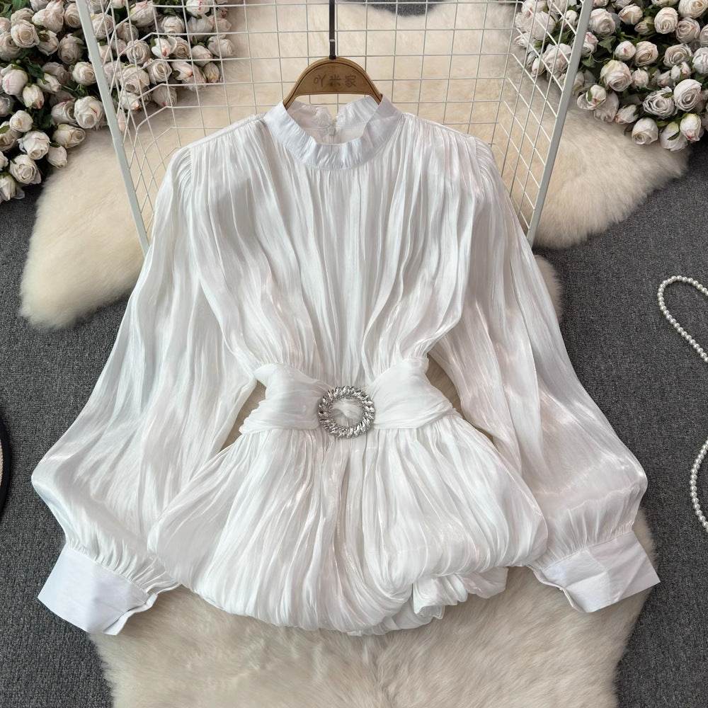 Elegant Luxury French Style High-grade waist belt lantern sleeve Niche Blouse top for Women - Velora