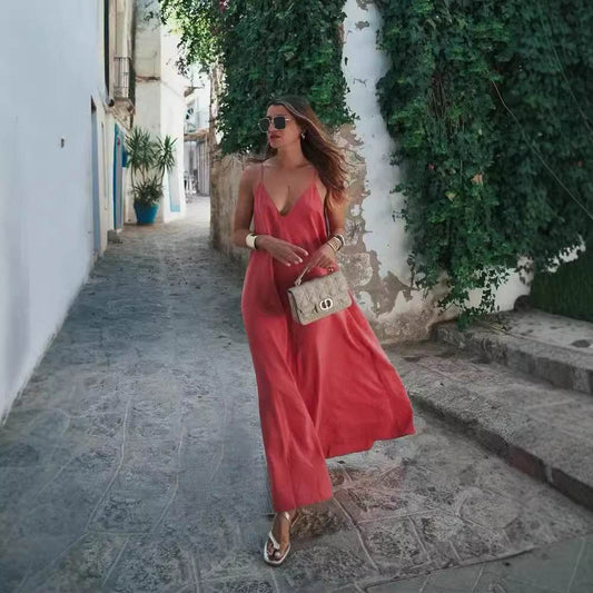 Elegant Women’s Summer Maxi Dress Casual Spaghetti Straps Solid V-Neck Cami Backless Dresses - Velora