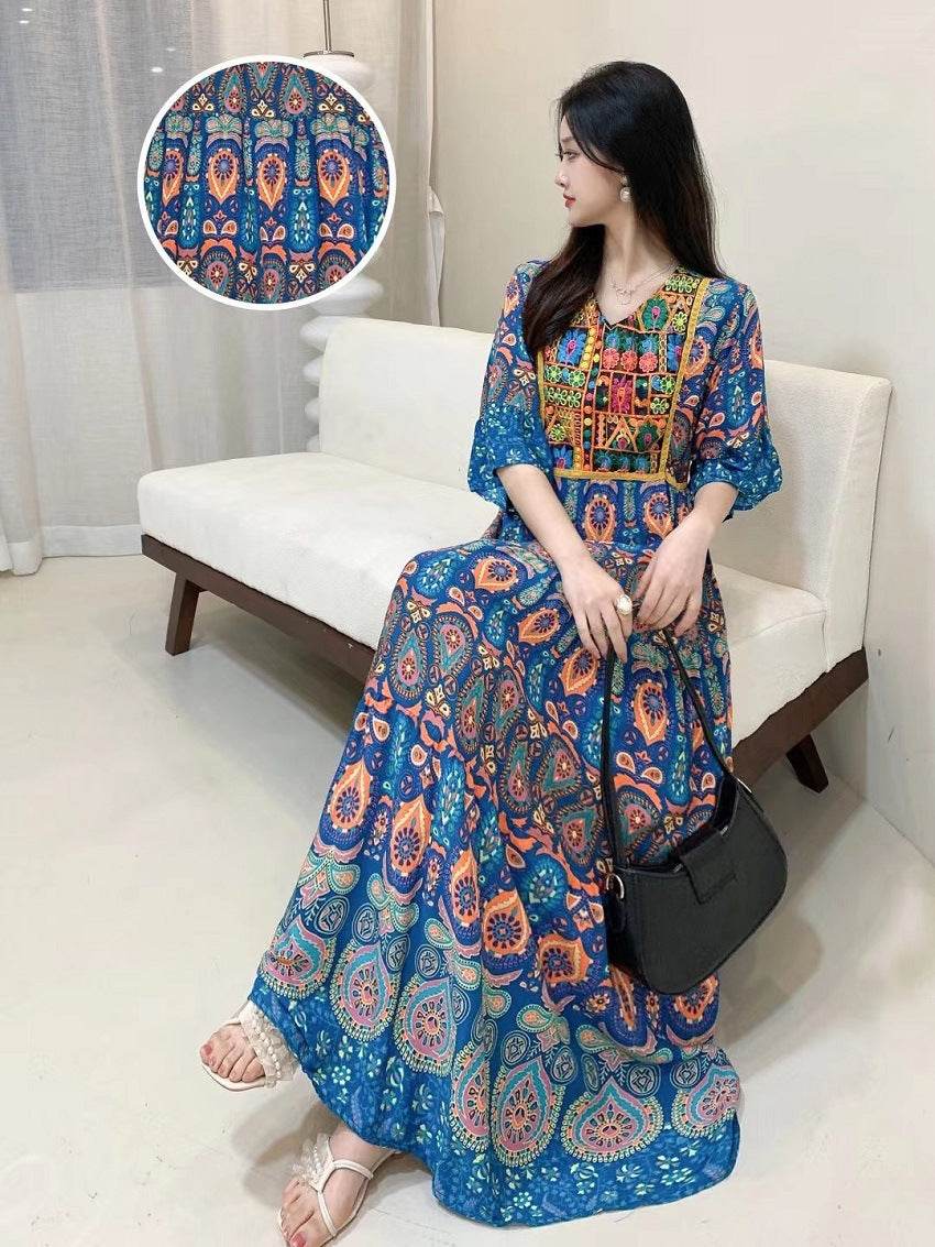 V-neck Embroidery Bell Sleeve Waist Trimming Casual Dress - Velora