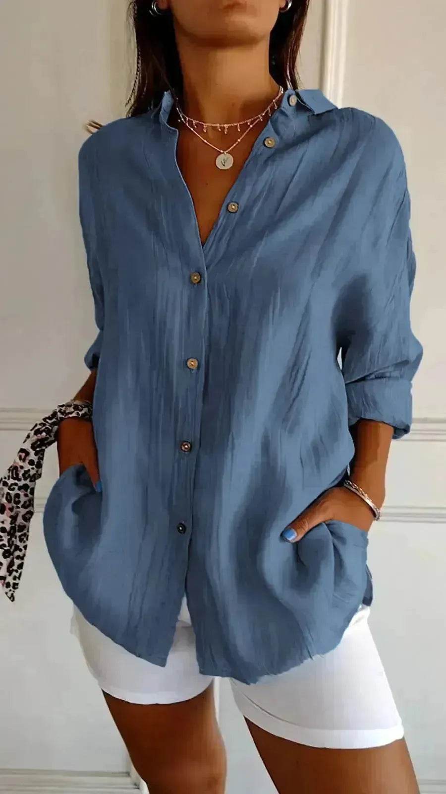 Fashionable Lapel Long Sleeve Shirt Top Women's Single-breasted Pleated Shirt Women Tops - Velora