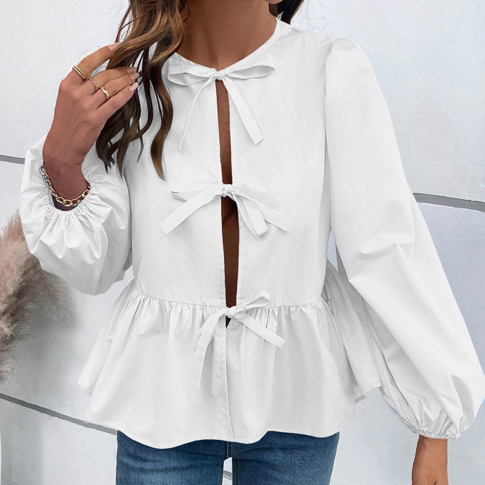 Casual Loose Lantern sleeve Buckle blouse Top For Women - Velora