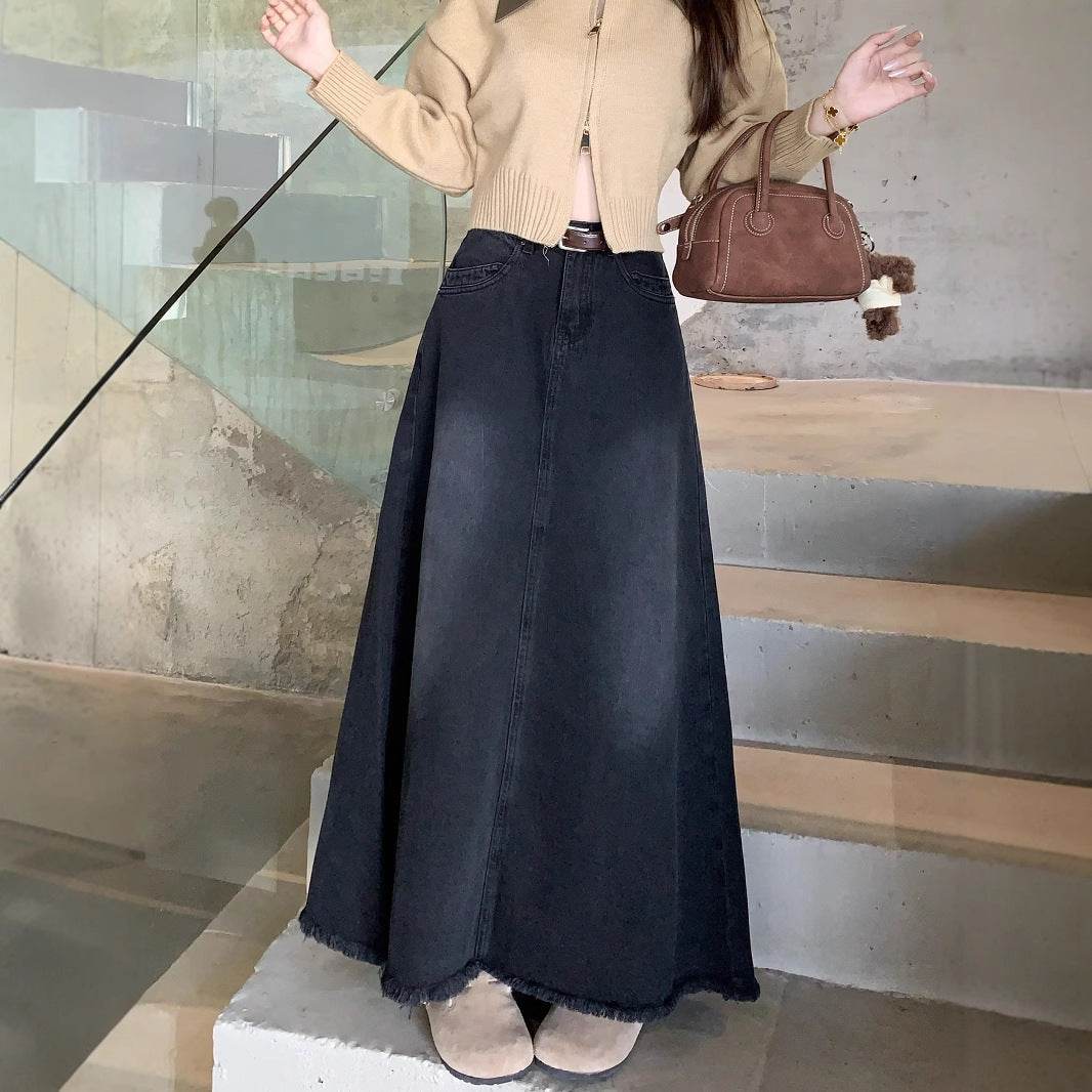 Long Denim Skirt Solid Cotton A Line Style - Velora