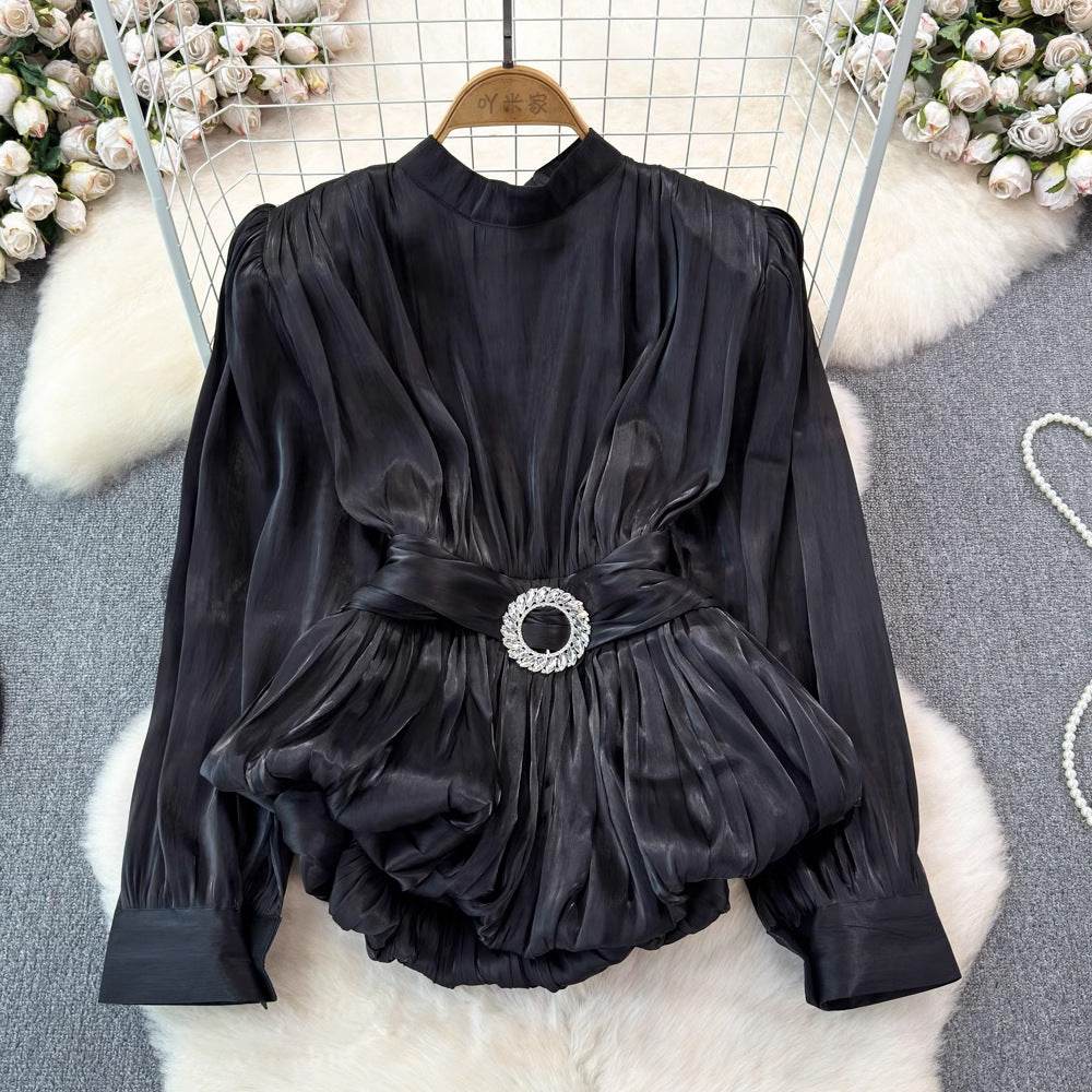 Elegant Luxury French Style High-grade waist belt lantern sleeve Niche Blouse top for Women - Velora