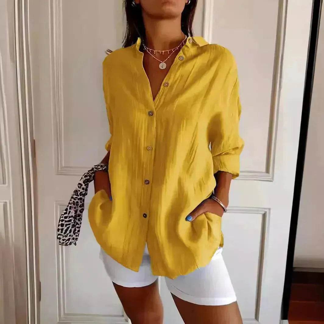 Fashionable Lapel Long Sleeve Shirt Top Women's Single-breasted Pleated Shirt Women Tops - Velora