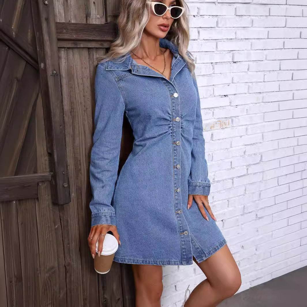 Retro Waist-controlled Slimming Long Sleeve Denim Dress - Velora