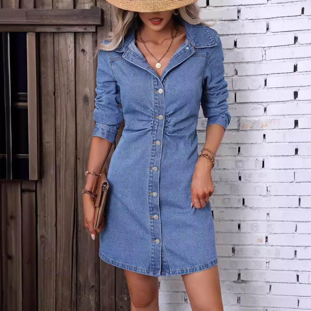 Retro Waist-controlled Slimming Long Sleeve Denim Dress - Velora